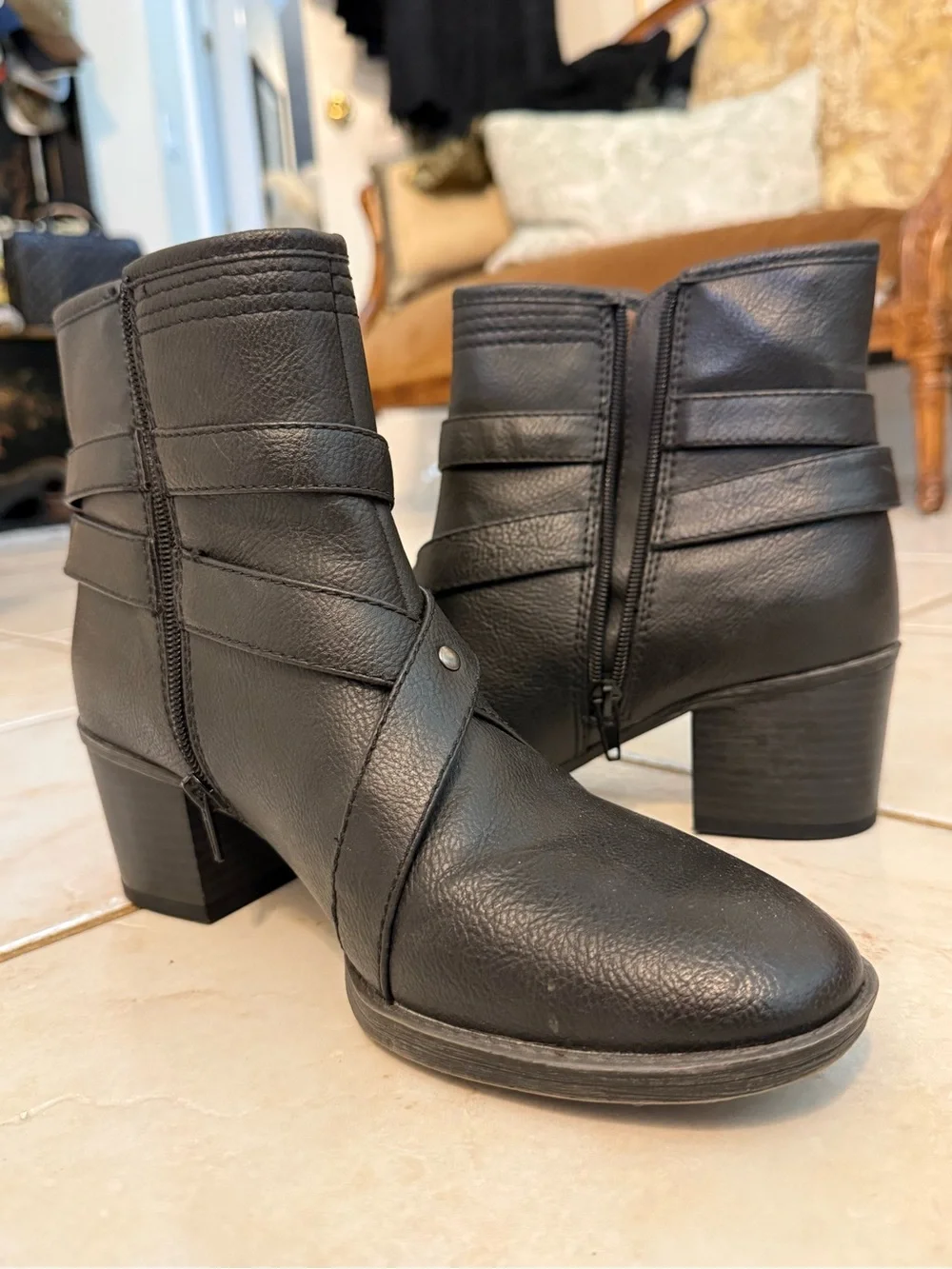 Natural Soul Women's Black Leather Ankle Booties with Wrap Strap Detail